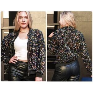 ANNA-KACI Sparkle & Shine Collection Sequin Bomber Jacket Iridescent Black Sz XL